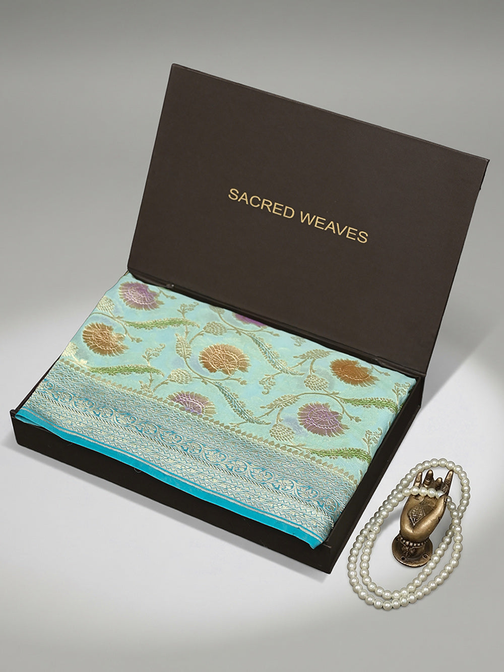 Aqua Blue Rangkat Jaal Khaddi Georgette Handloom Banarasi Saree - Sacred Weaves