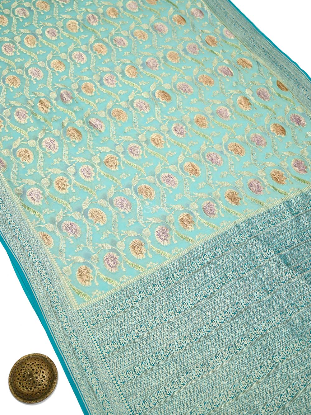 Aqua Blue Rangkat Jaal Khaddi Georgette Handloom Banarasi Saree - Sacred Weaves
