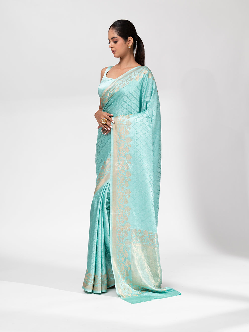 Mint Blue Satin Silk Handloom Banarasi Saree - Sacred Weaves