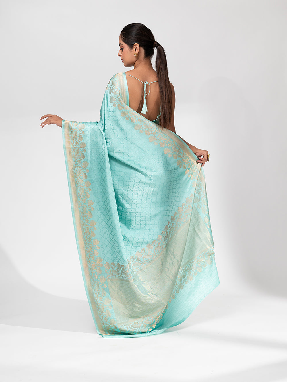 Mint Blue Satin Silk Handloom Banarasi Saree - Sacred Weaves