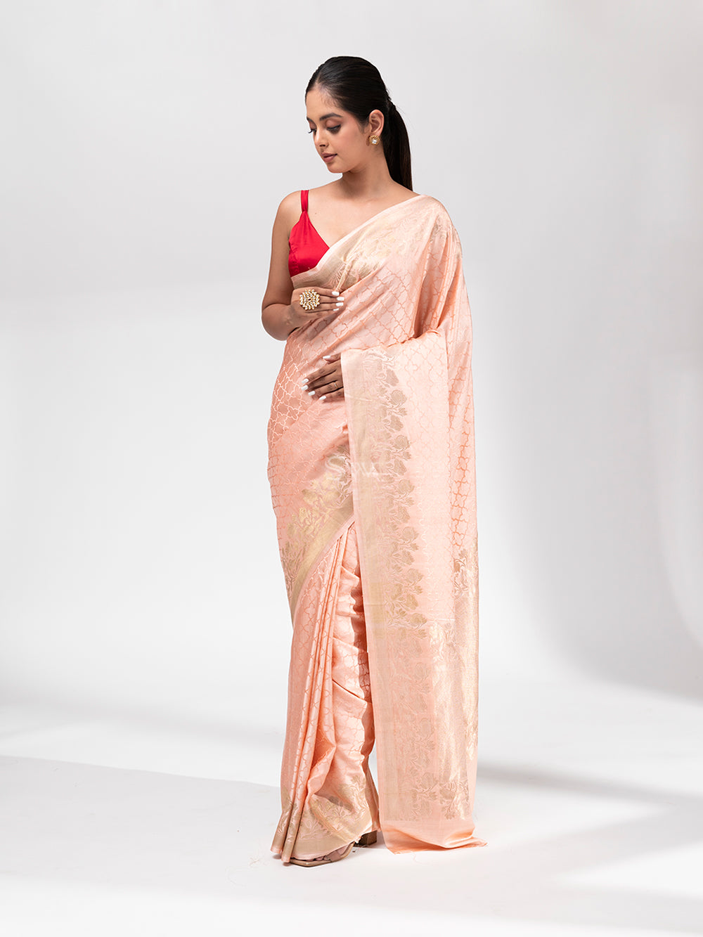 Pastel Peach Satin Silk Handloom Banarasi Saree - Sacred Weaves