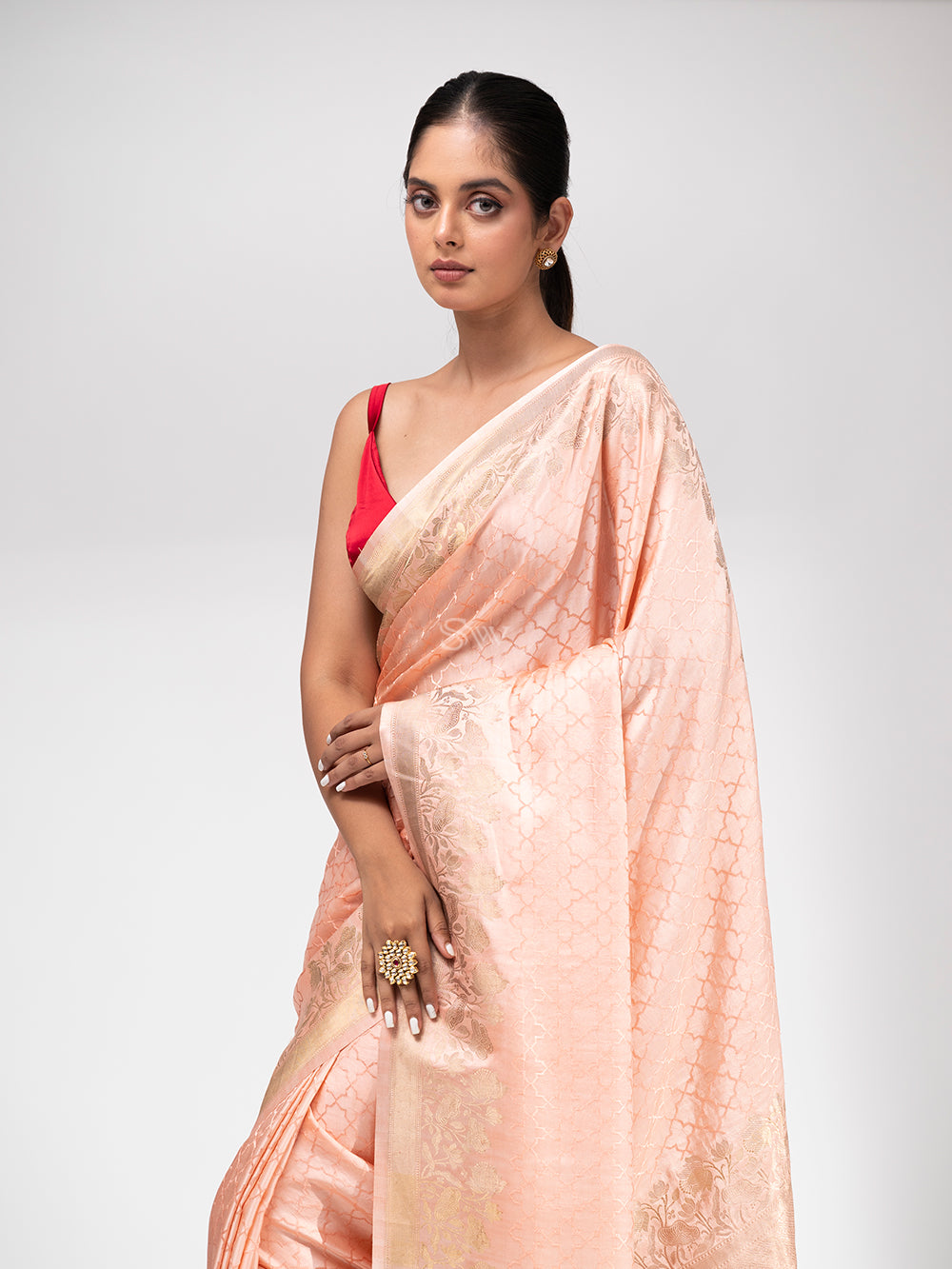 Pastel Peach Satin Silk Handloom Banarasi Saree - Sacred Weaves