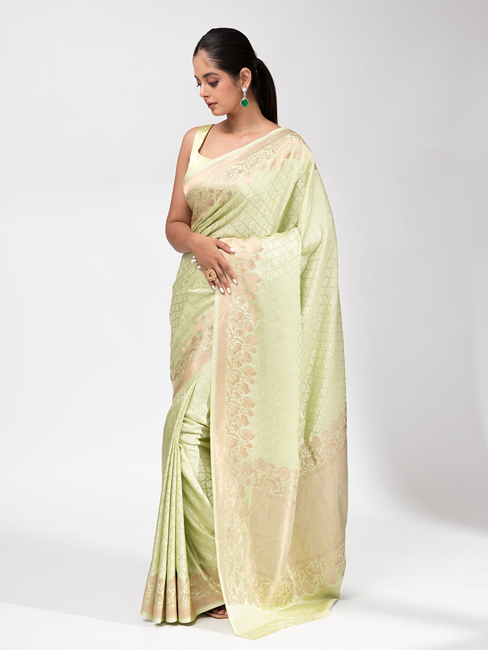 Pista Green Satin Silk Handloom Banarasi Saree - Sacred Weaves