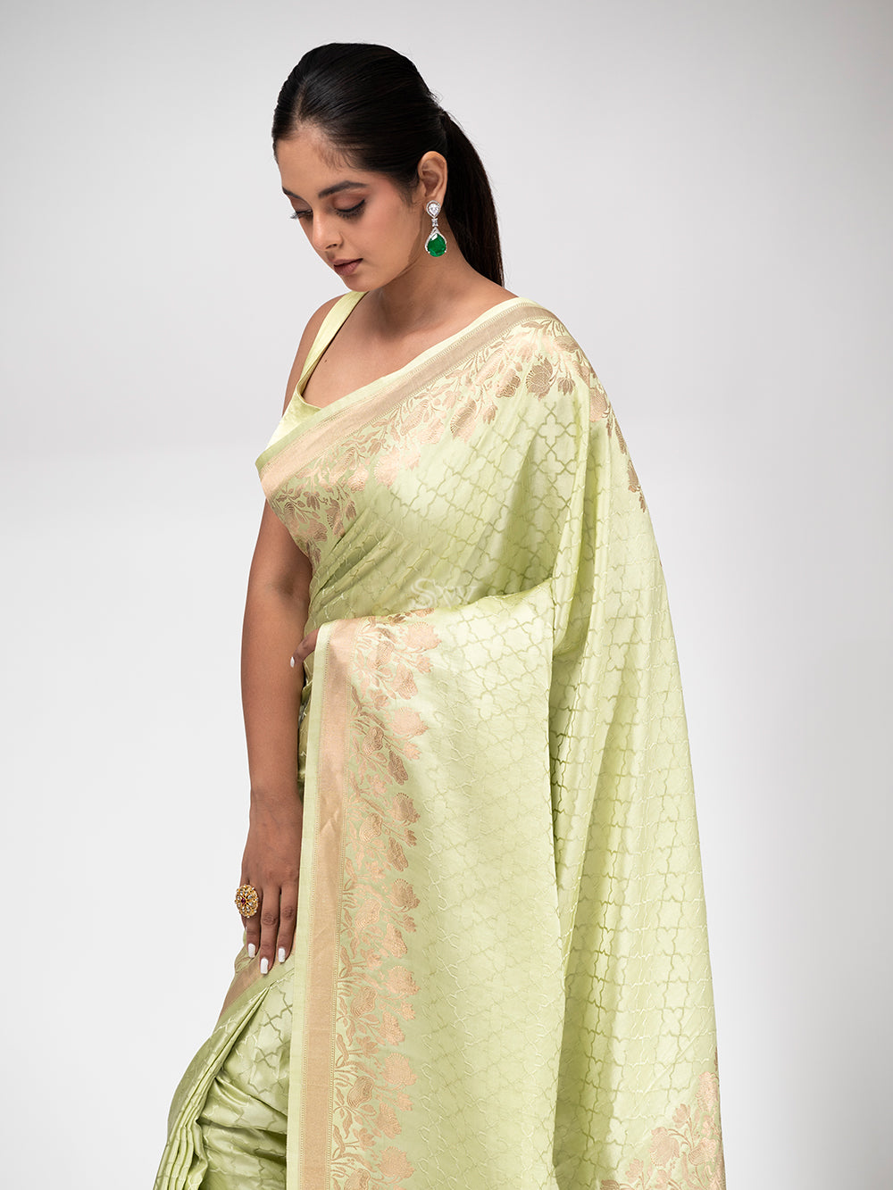 Pista Green Satin Silk Handloom Banarasi Saree - Sacred Weaves
