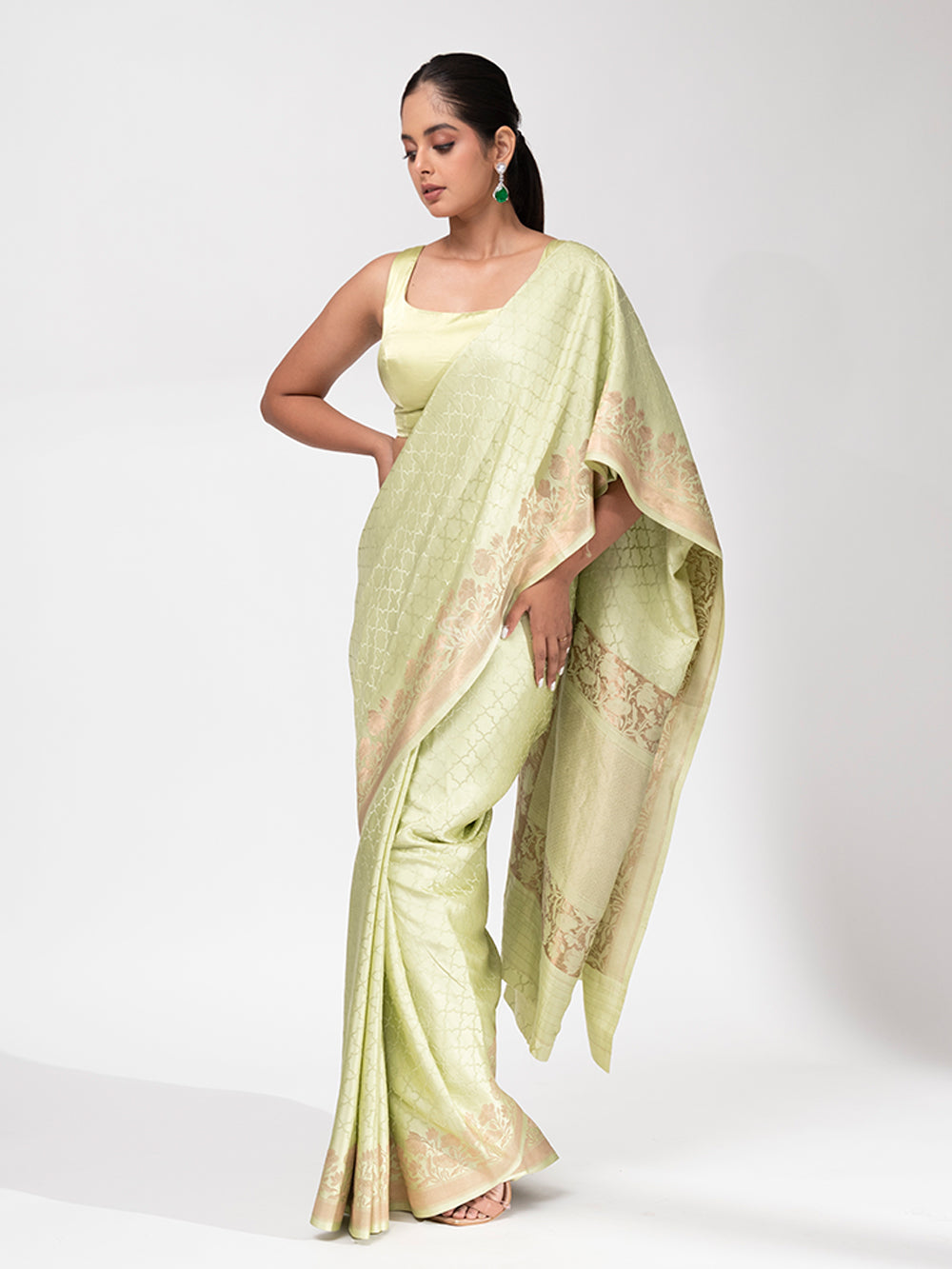 Pista Green Satin Silk Handloom Banarasi Saree - Sacred Weaves