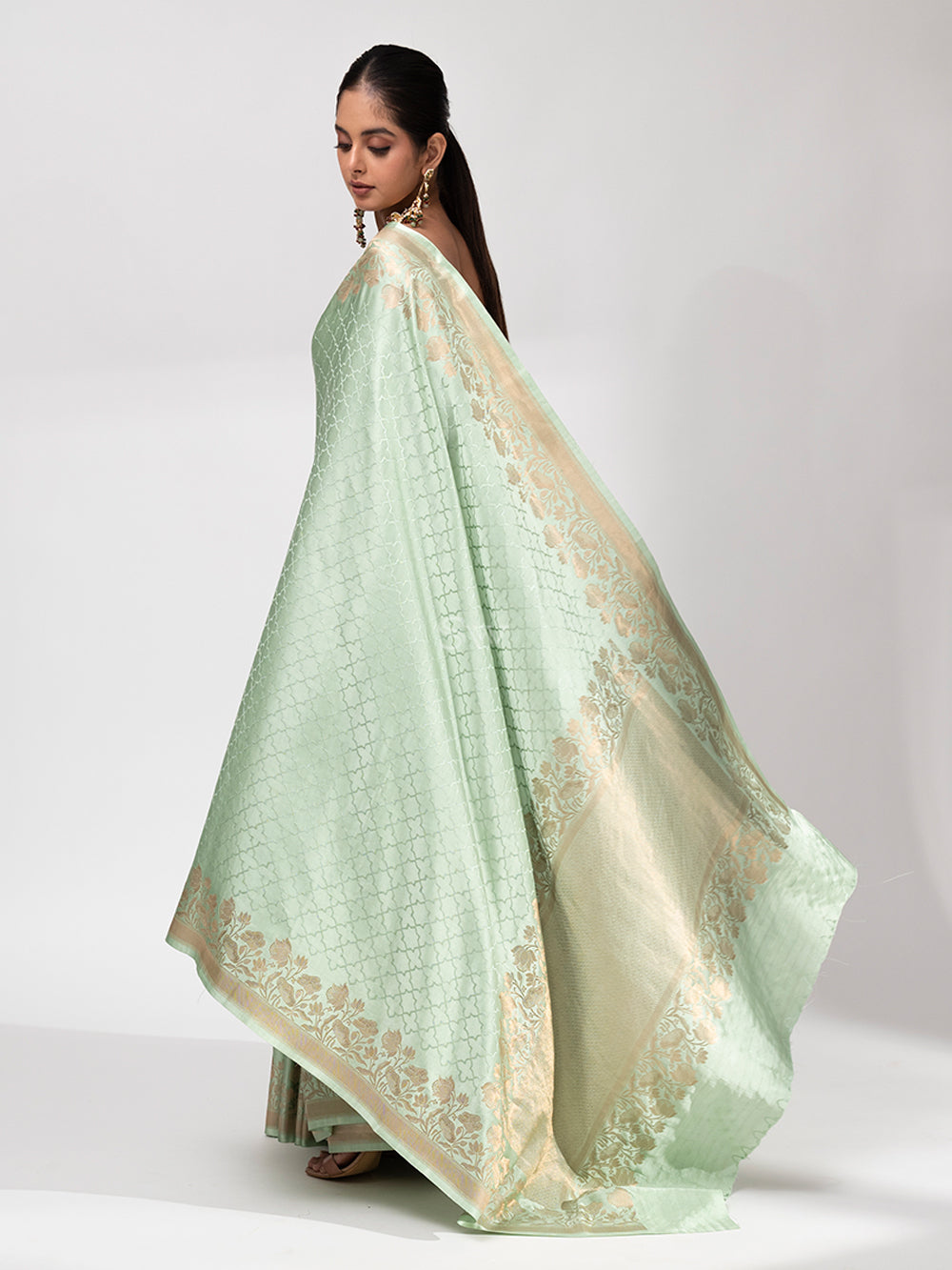 Sea Green Satin Silk Handloom Banarasi Saree - Sacred Weaves