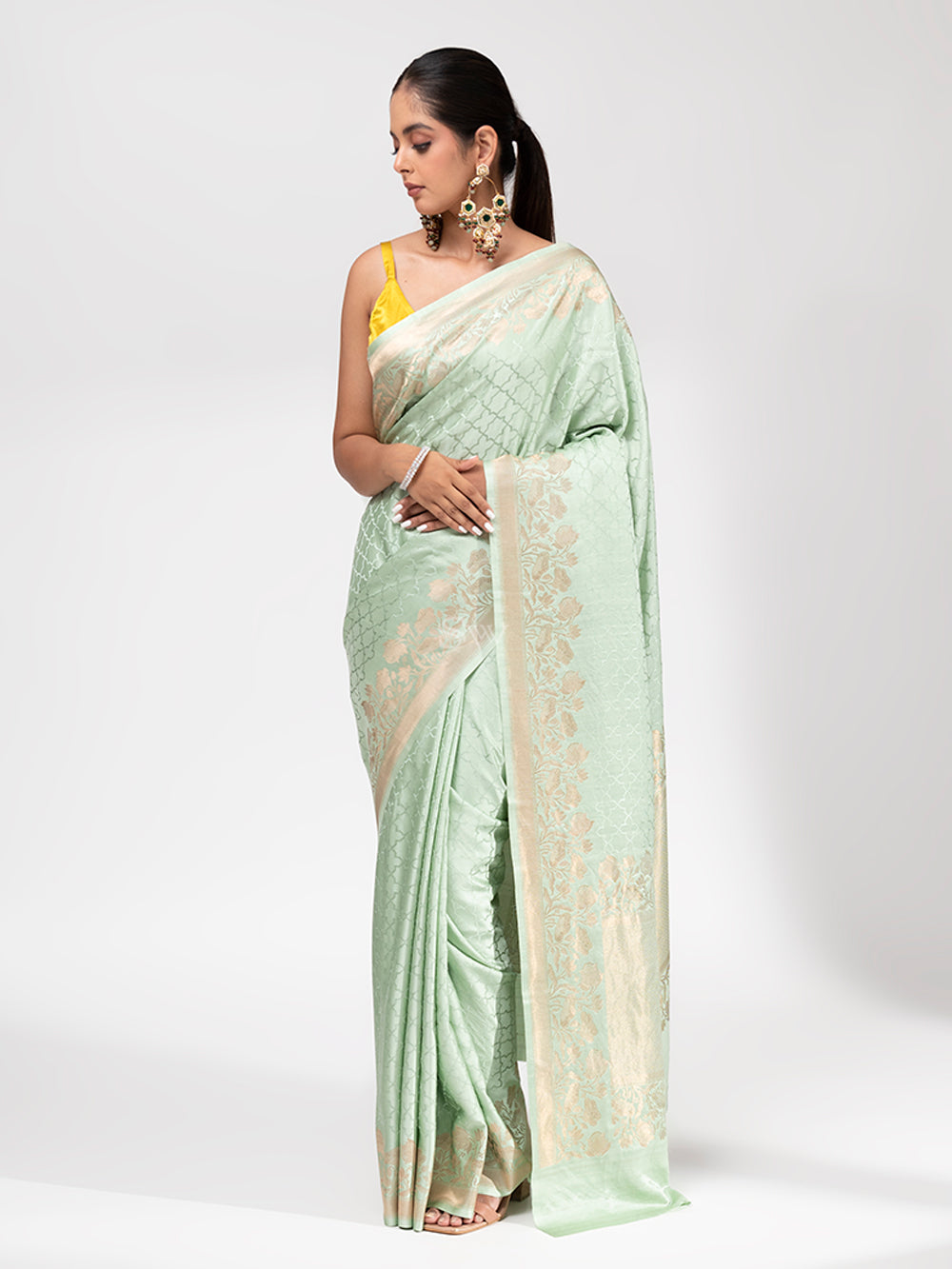 Sea Green Satin Silk Handloom Banarasi Saree - Sacred Weaves