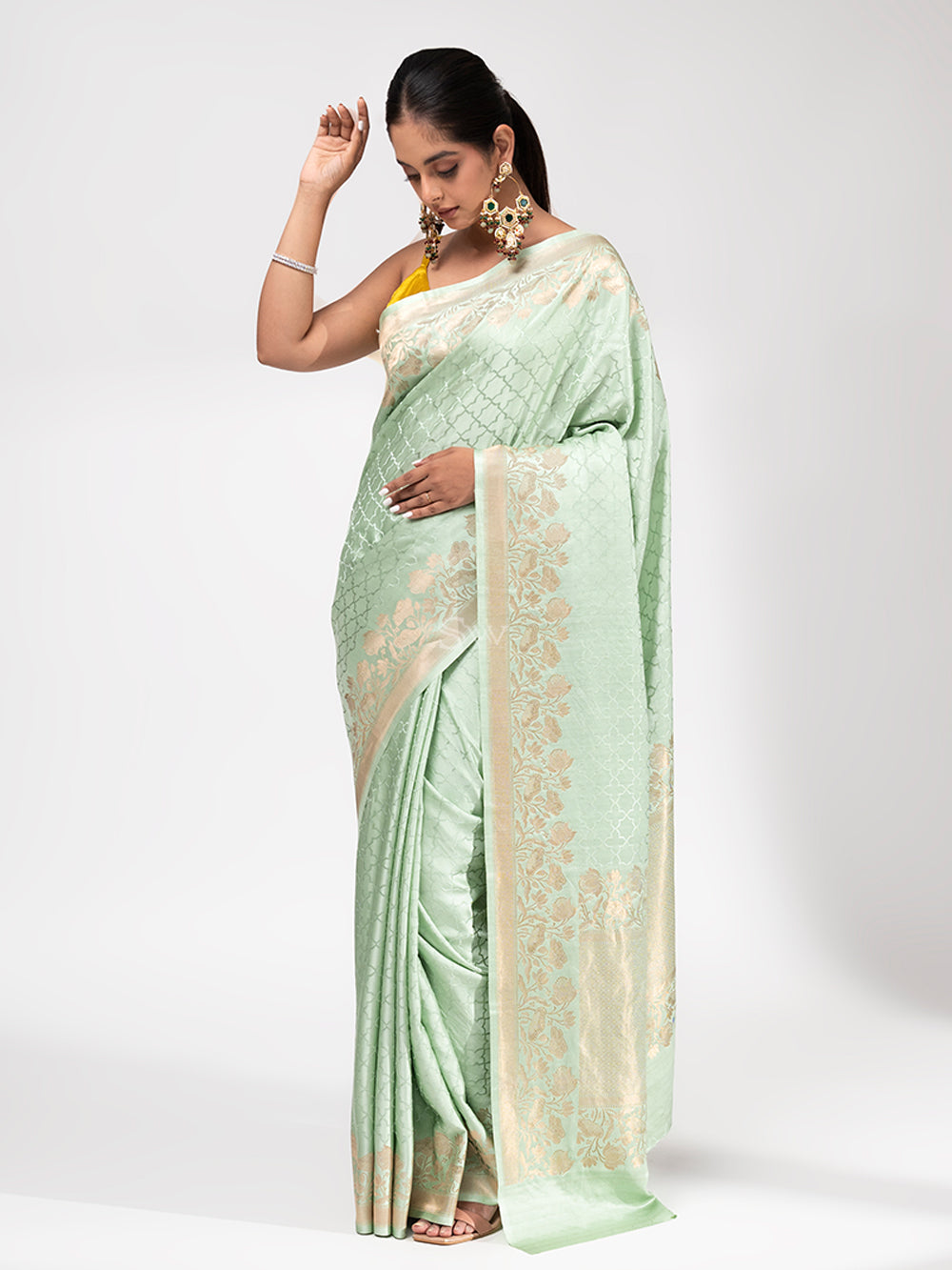 Sea Green Satin Silk Handloom Banarasi Saree - Sacred Weaves