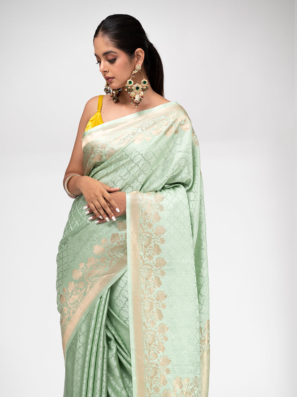 Sea Green Satin Silk Handloom Banarasi Saree - Sacred Weaves