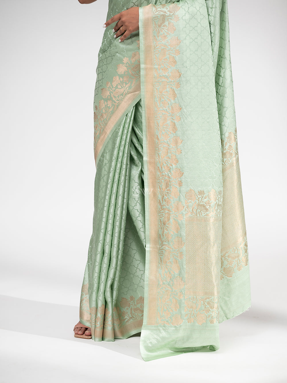 Sea Green Satin Silk Handloom Banarasi Saree - Sacred Weaves