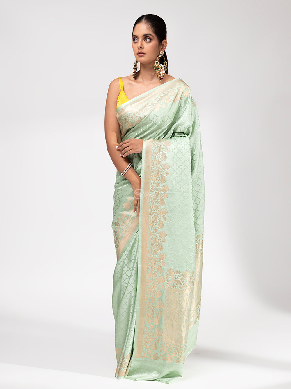 Sea Green Satin Silk Handloom Banarasi Saree - Sacred Weaves