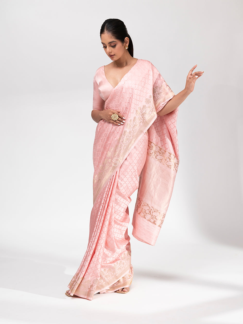 Pastel Pink Satin Silk Handloom Banarasi Saree - Sacred Weaves