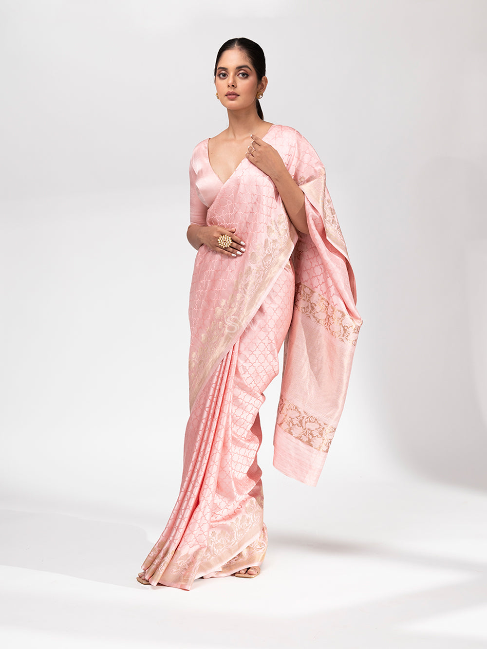 Pastel Pink Satin Silk Handloom Banarasi Saree - Sacred Weaves