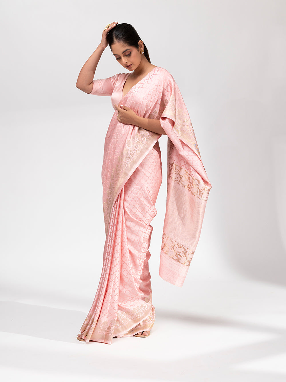 Pastel Pink Satin Silk Handloom Banarasi Saree - Sacred Weaves