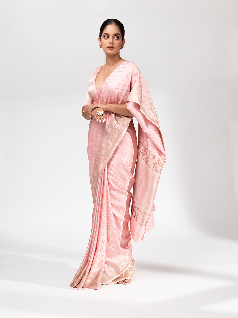 Pastel Pink Satin Silk Handloom Banarasi Saree - Sacred Weaves