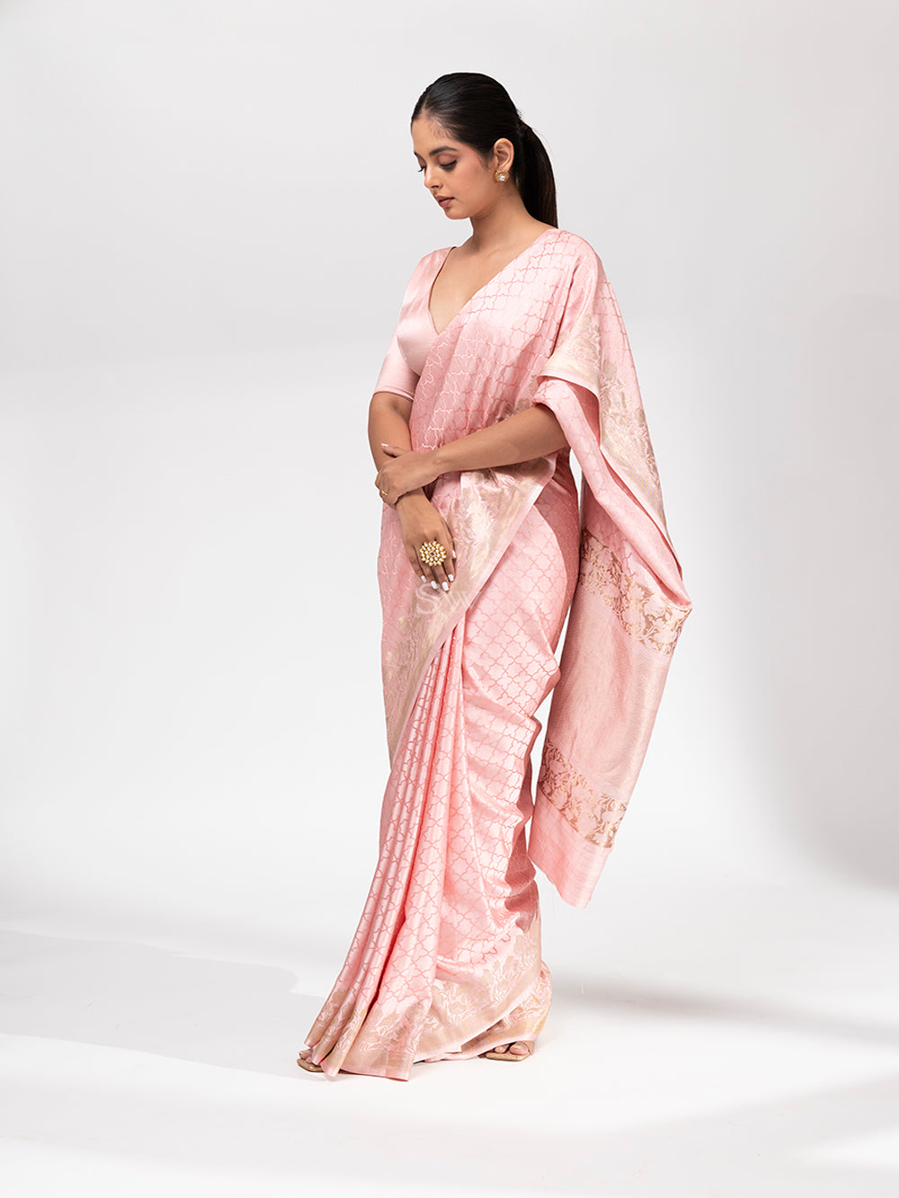 Pastel Pink Satin Silk Handloom Banarasi Saree - Sacred Weaves