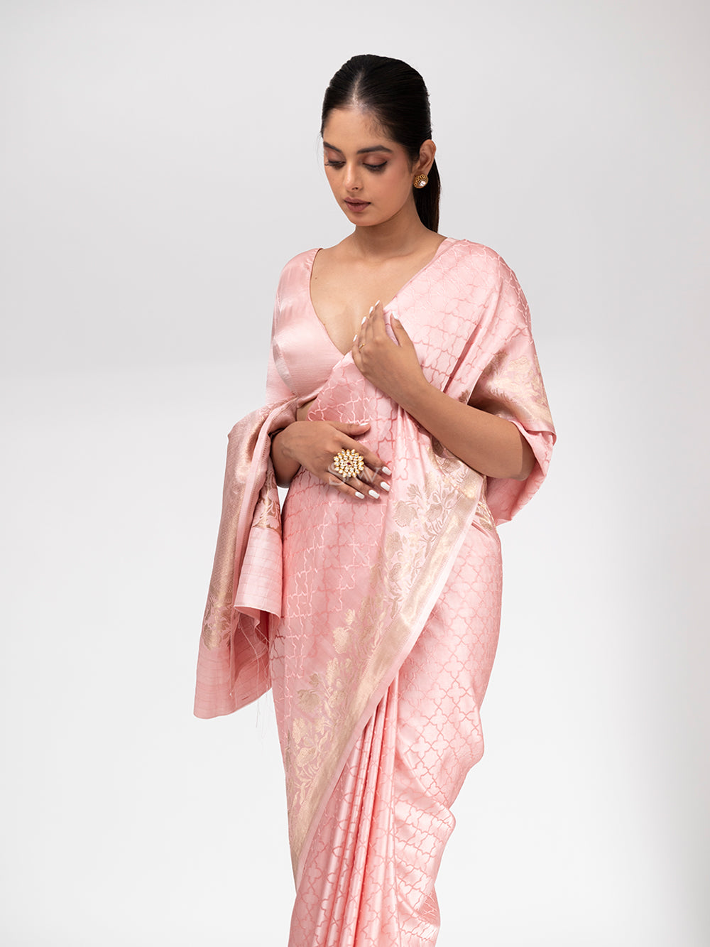 Pastel Pink Satin Silk Handloom Banarasi Saree - Sacred Weaves