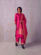 Dark Pink Meenakari Booti Katan Silk Handloom Banarasi Suit - Sacred Weaves