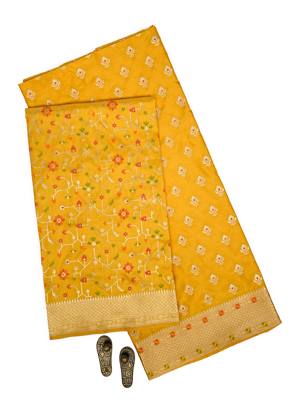 Yellow Booti Meenakari Katan Silk Handloom Banarasi Suit - Sacred Weaves
