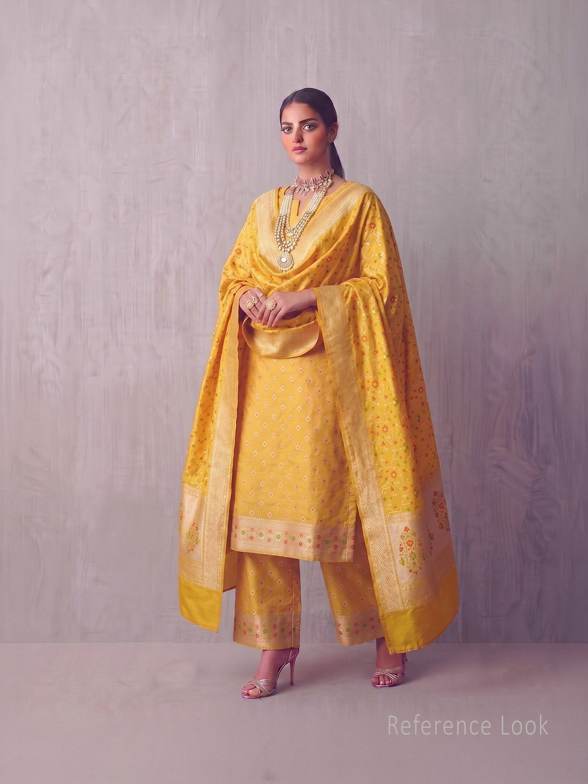 Yellow Booti Meenakari Katan Silk Handloom Banarasi Suit - Sacred Weaves
