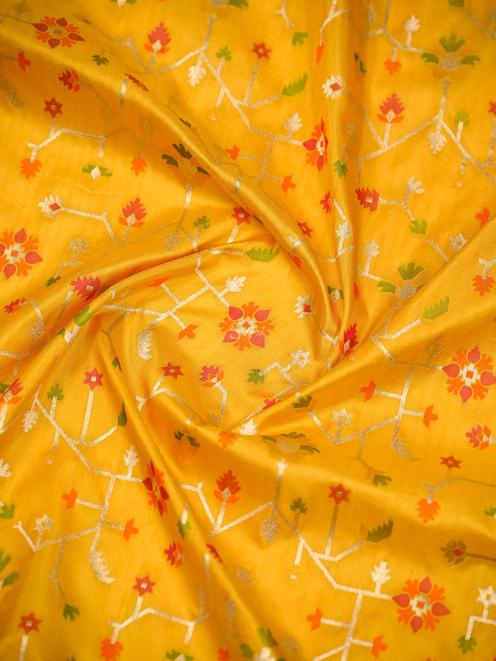 Yellow Booti Meenakari Katan Silk Handloom Banarasi Suit - Sacred Weaves