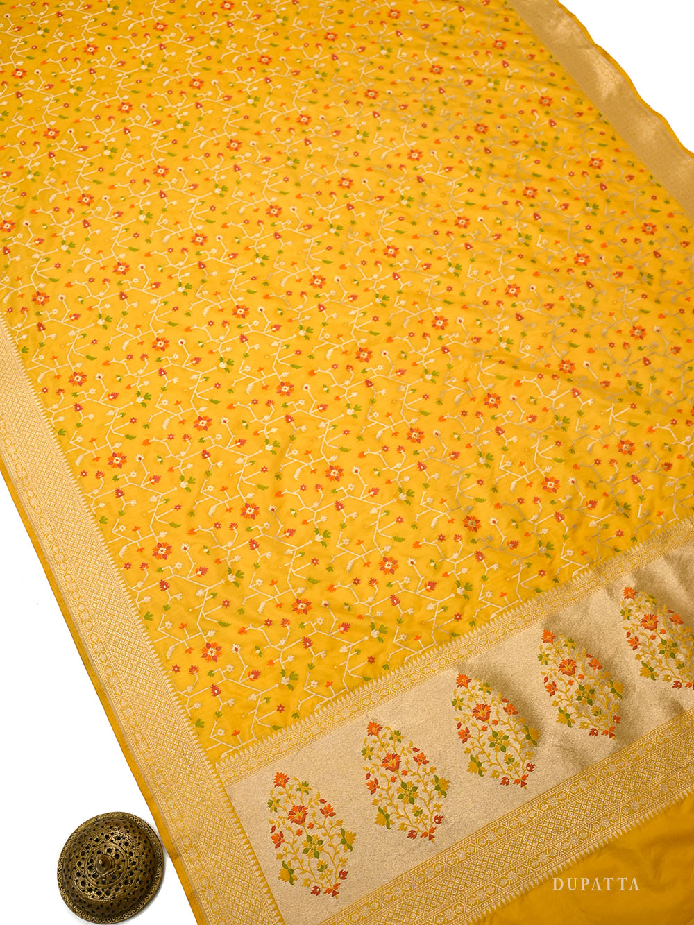 Yellow Booti Meenakari Katan Silk Handloom Banarasi Suit - Sacred Weaves