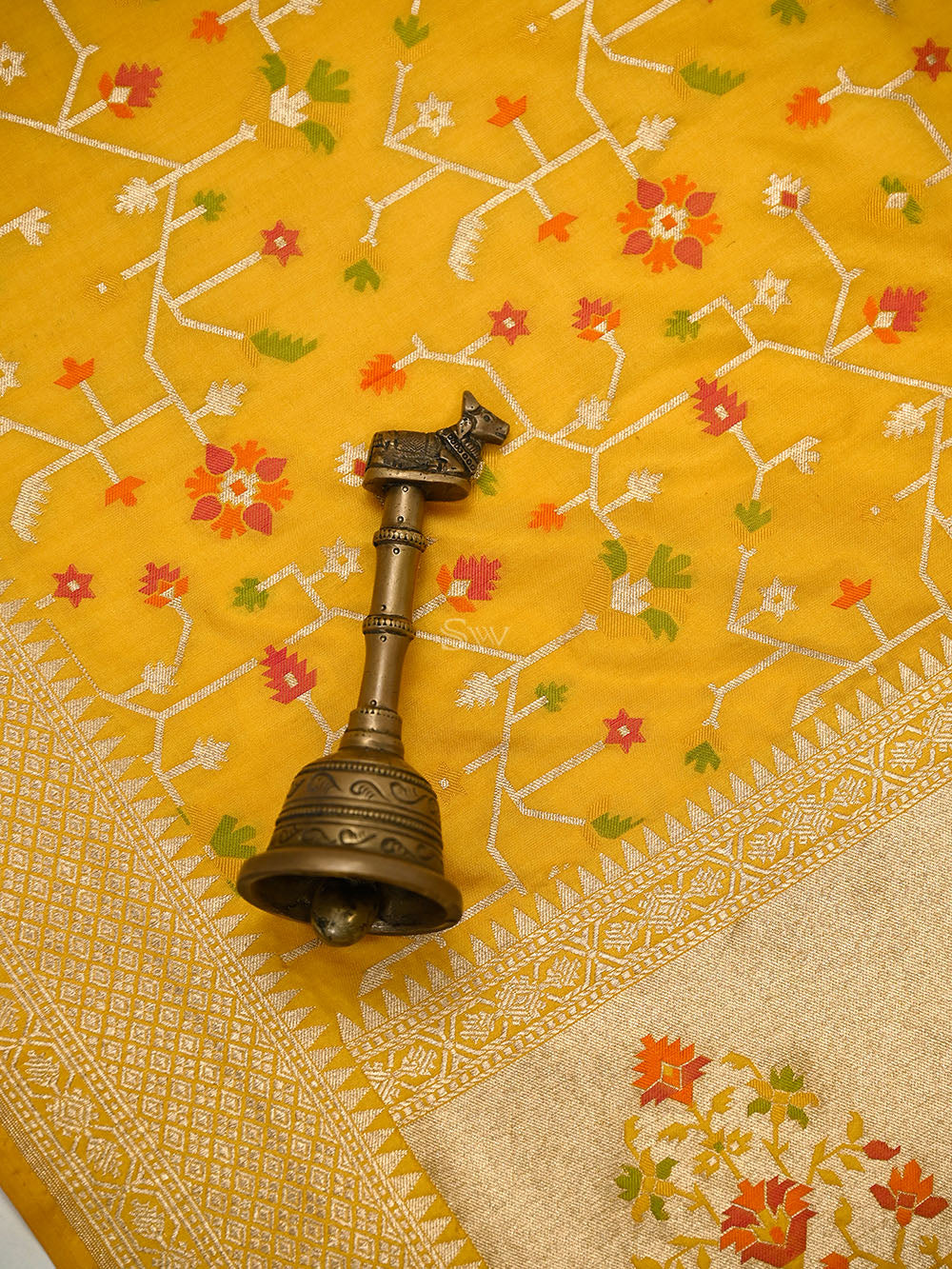 Yellow Booti Meenakari Katan Silk Handloom Banarasi Suit - Sacred Weaves