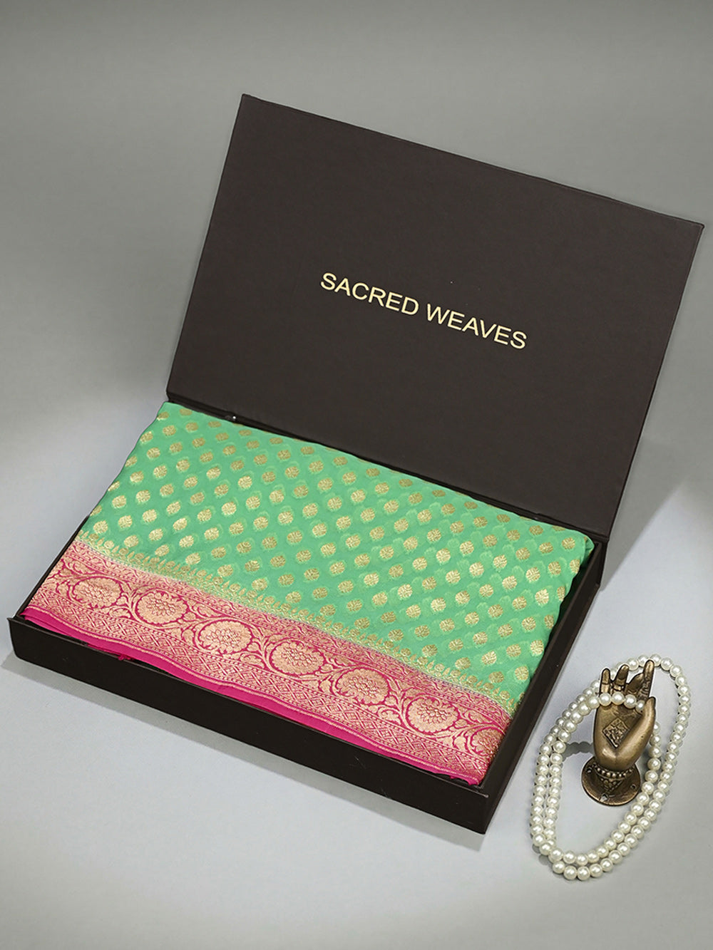 Green Booti Khaddi Georgette Handloom Banarasi Saree - Sacred Weaves