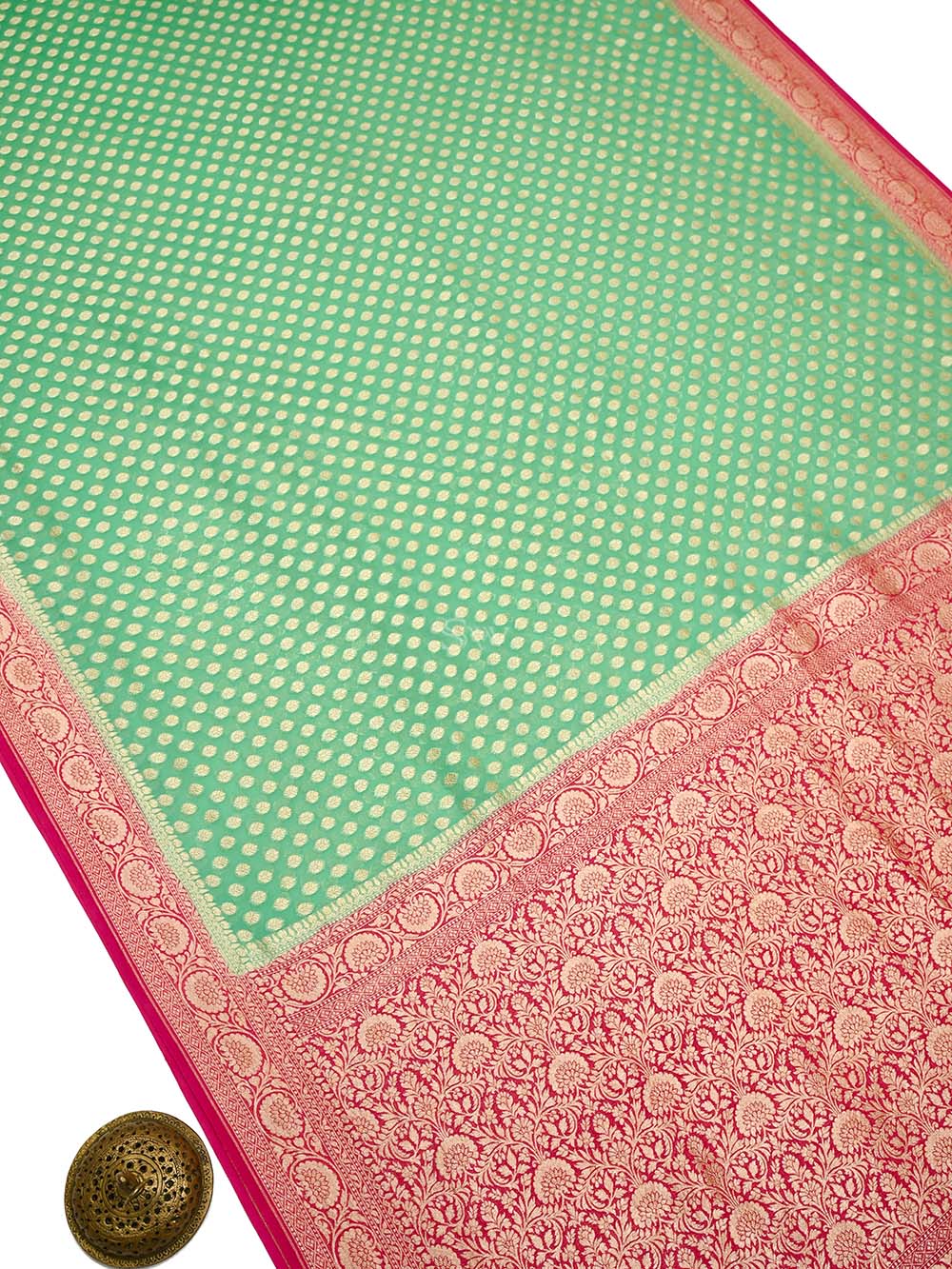 Green Booti Khaddi Georgette Handloom Banarasi Saree - Sacred Weaves