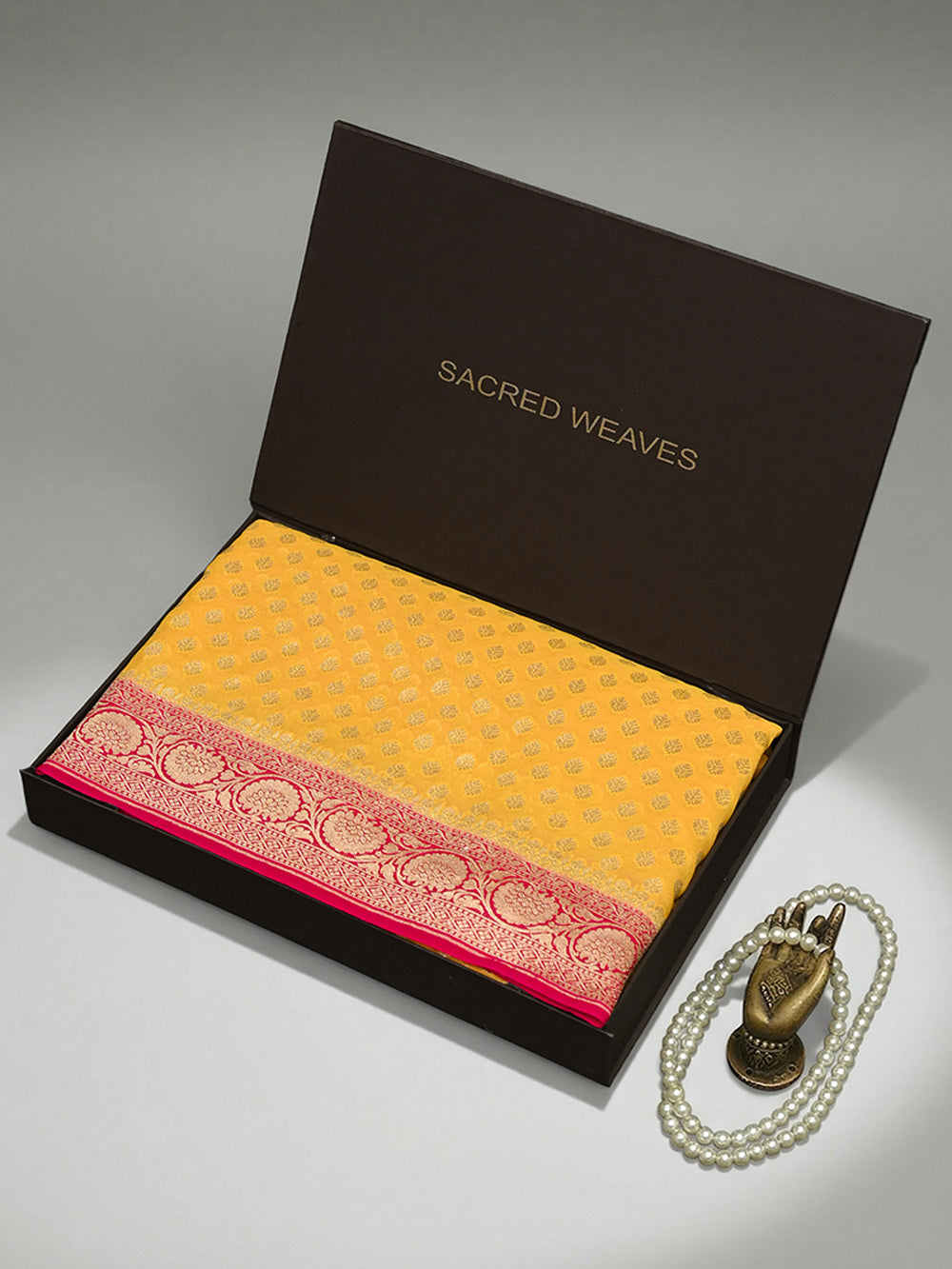 Mustard Booti Khaddi Georgette Handloom Banarasi Saree  - Sacred Weaves