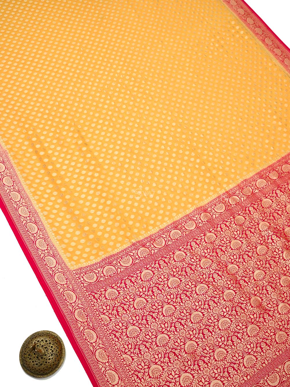 Mustard Booti Khaddi Georgette Handloom Banarasi Saree  - Sacred Weaves