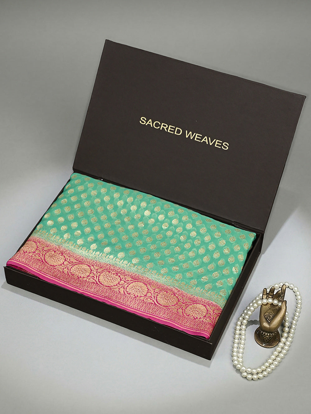 Sea Green Booti Khaddi Georgette Handloom Banarasi Saree - Sacred Weaves