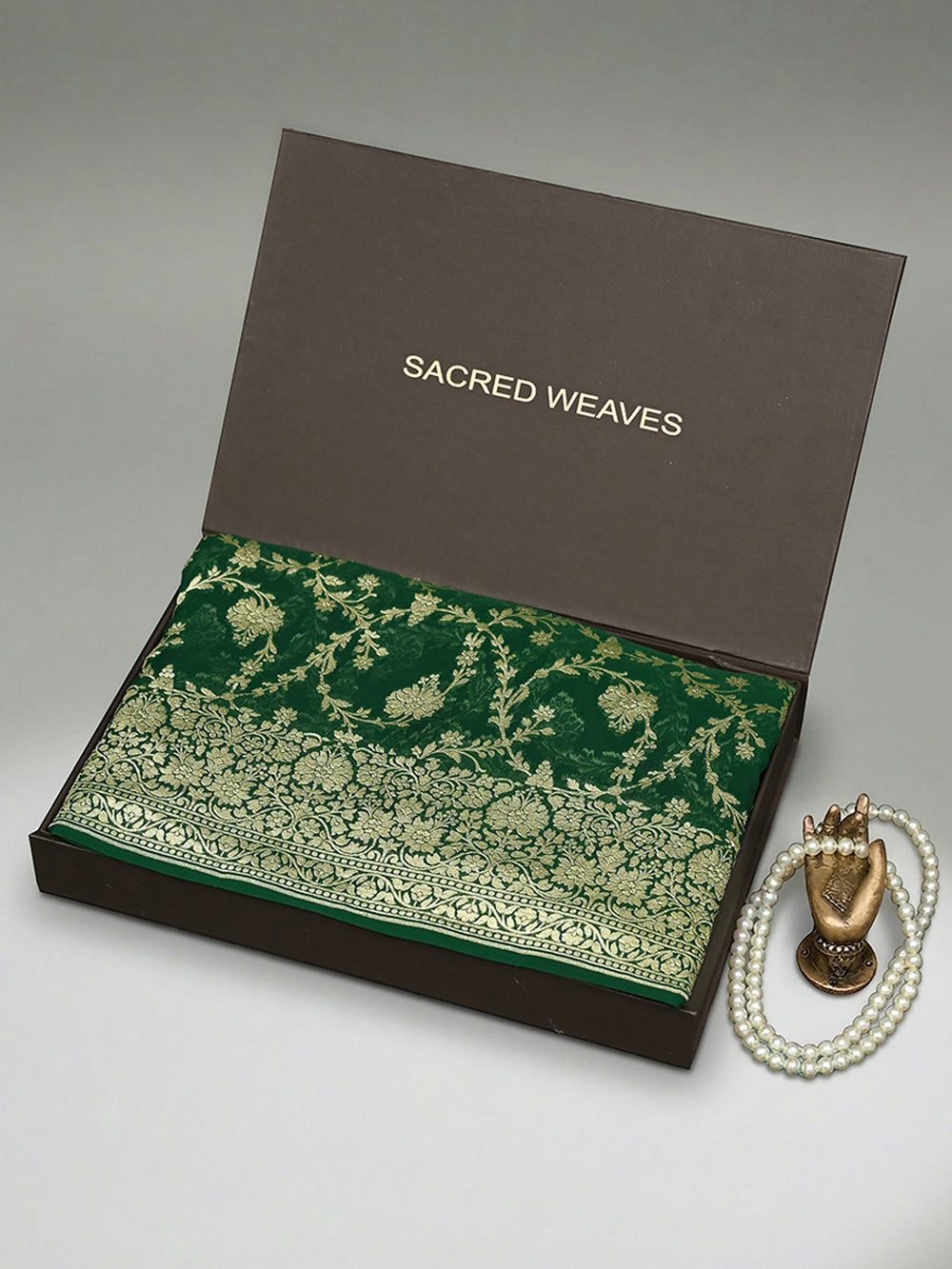 Bottle Green Jaal Khaddi Georgette Handloom Banarasi Saree - Sacred Weaves