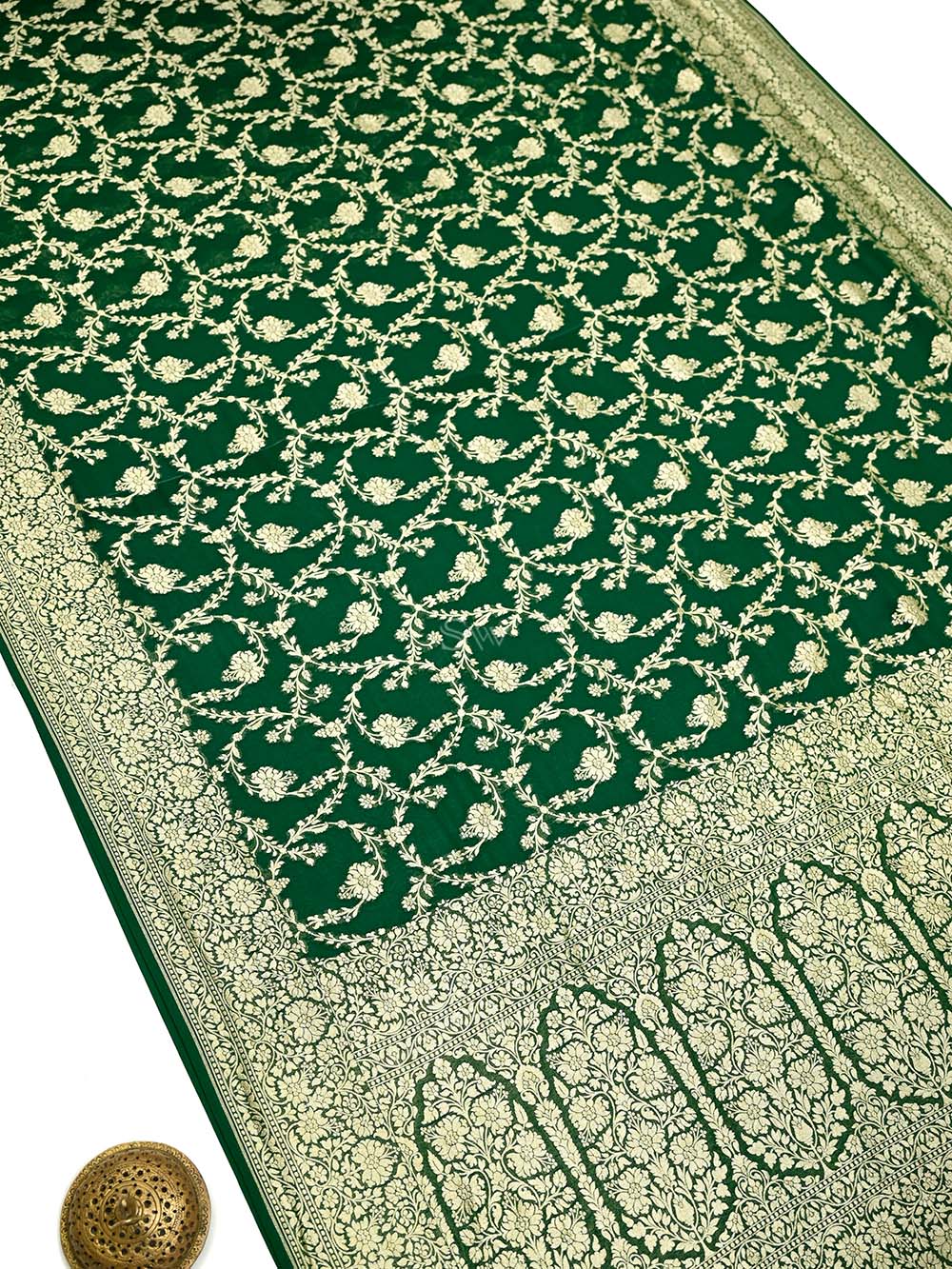 Bottle Green Jaal Khaddi Georgette Handloom Banarasi Saree - Sacred Weaves