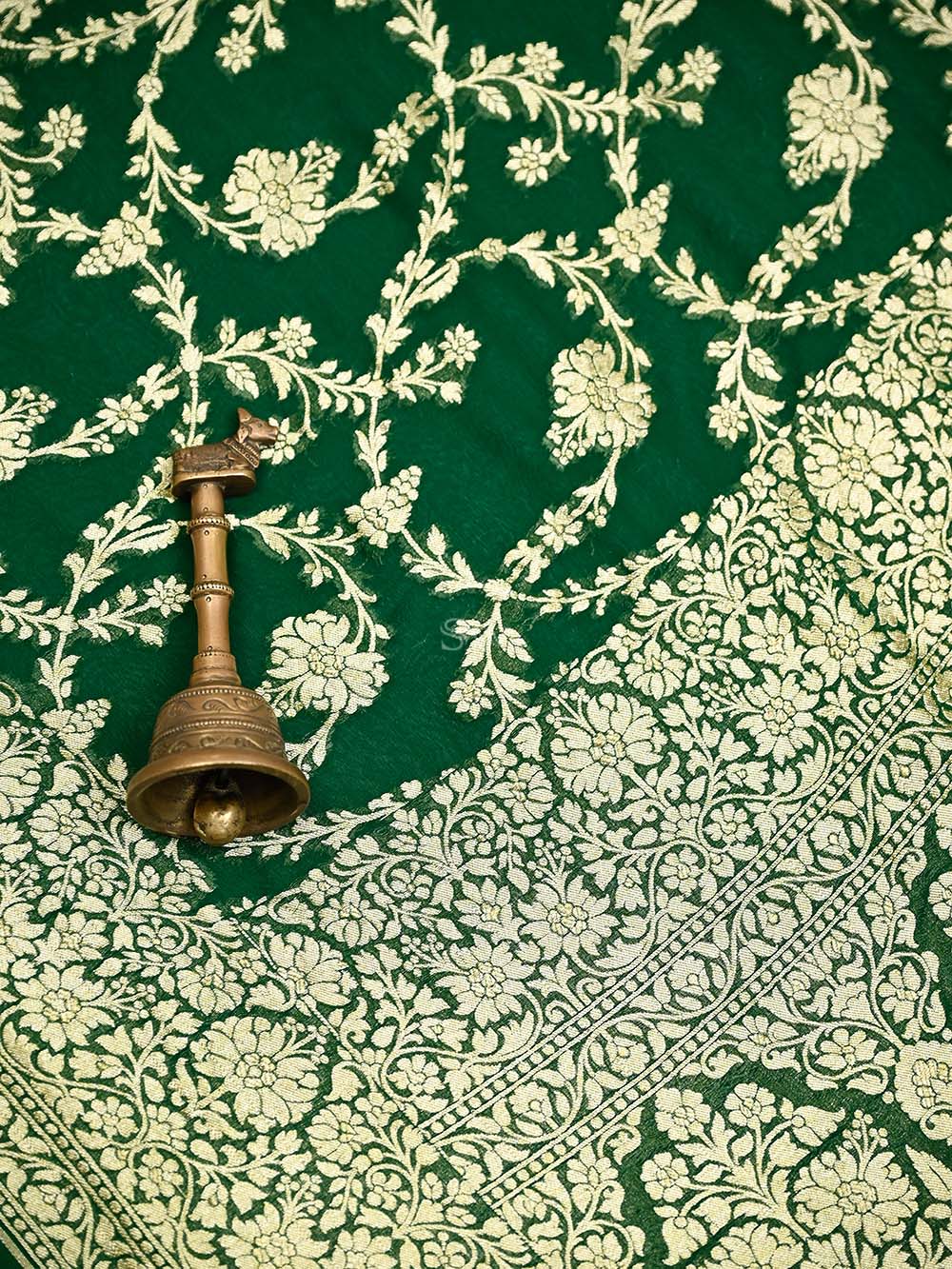 Bottle Green Jaal Khaddi Georgette Handloom Banarasi Saree - Sacred Weaves