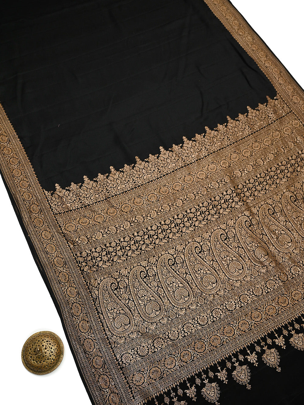 Black Plain Crepe Silk Handloom Banarasi Saree - Sacred Weaves