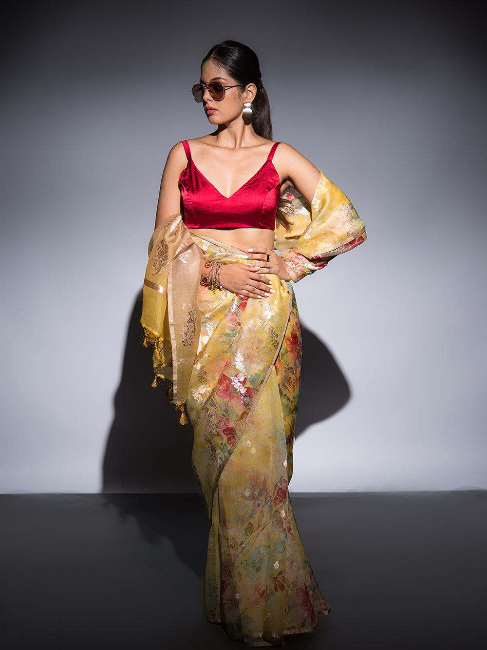 Yellow Stripe Organza Printed Banarasi Saree - Sacred Weaves