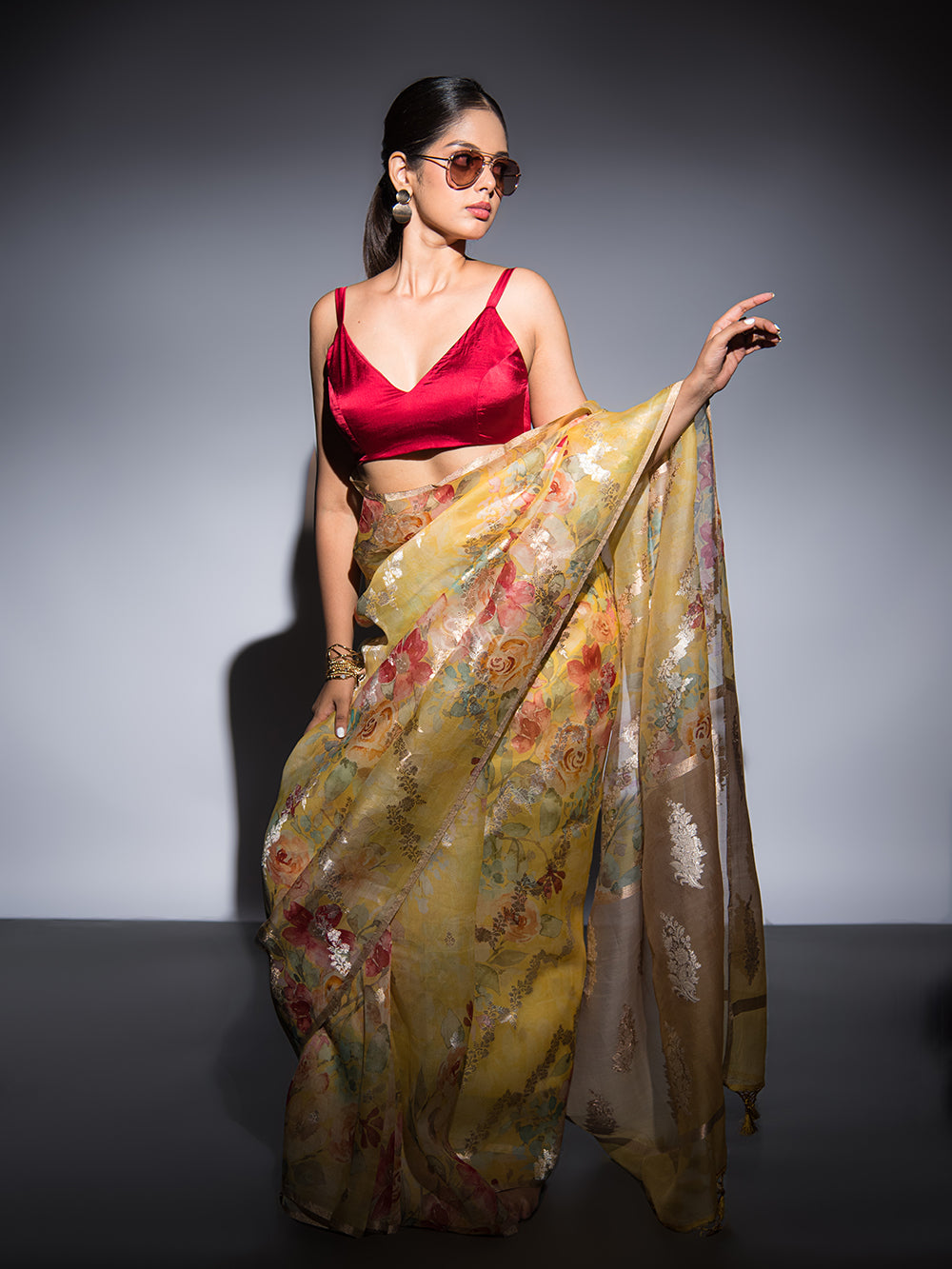 Yellow Stripe Organza Printed Banarasi Saree - Sacred Weaves