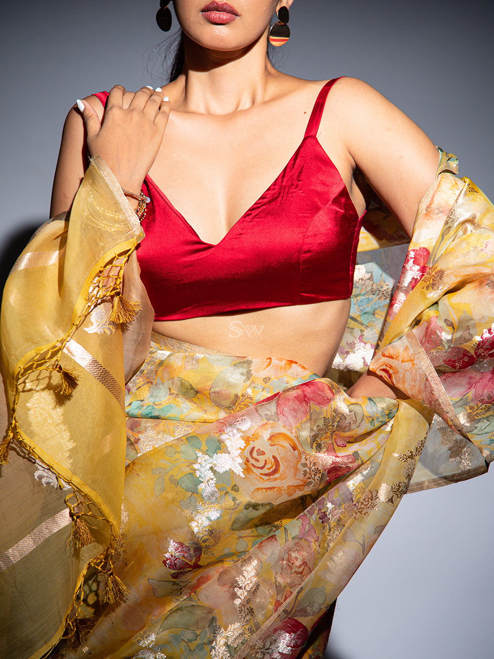Yellow Stripe Organza Printed Banarasi Saree - Sacred Weaves