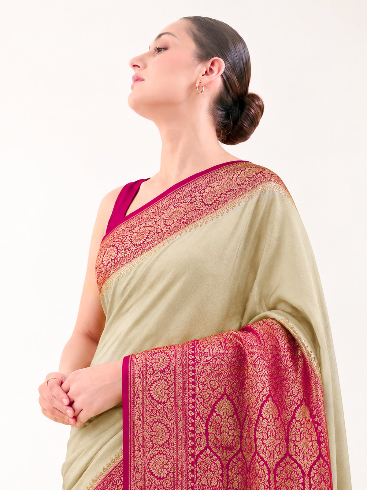 Dark Beige Pink Plain Crepe Silk Handloom Banarasi Saree - Sacred Weaves