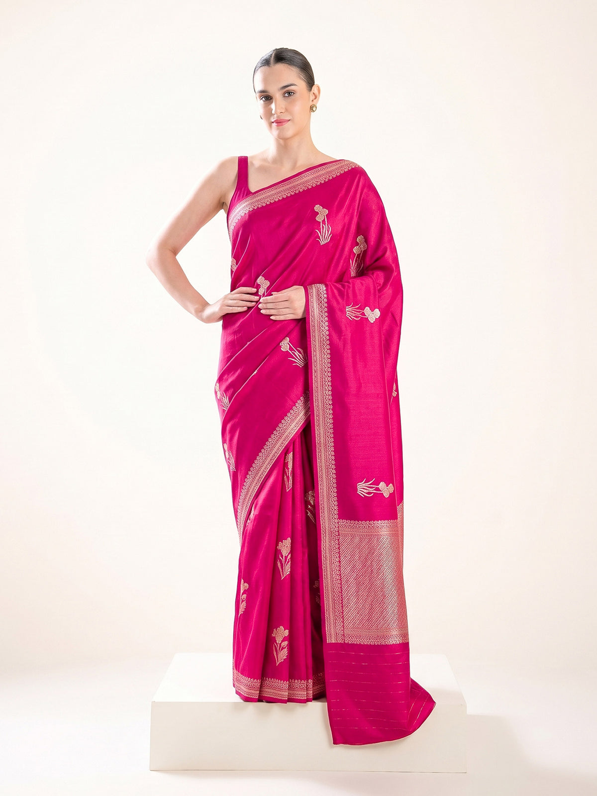 Dark Pink Sona Roopa Zari Boota Satin Silk Handloom Banarasi Saree - Sacred Weaves