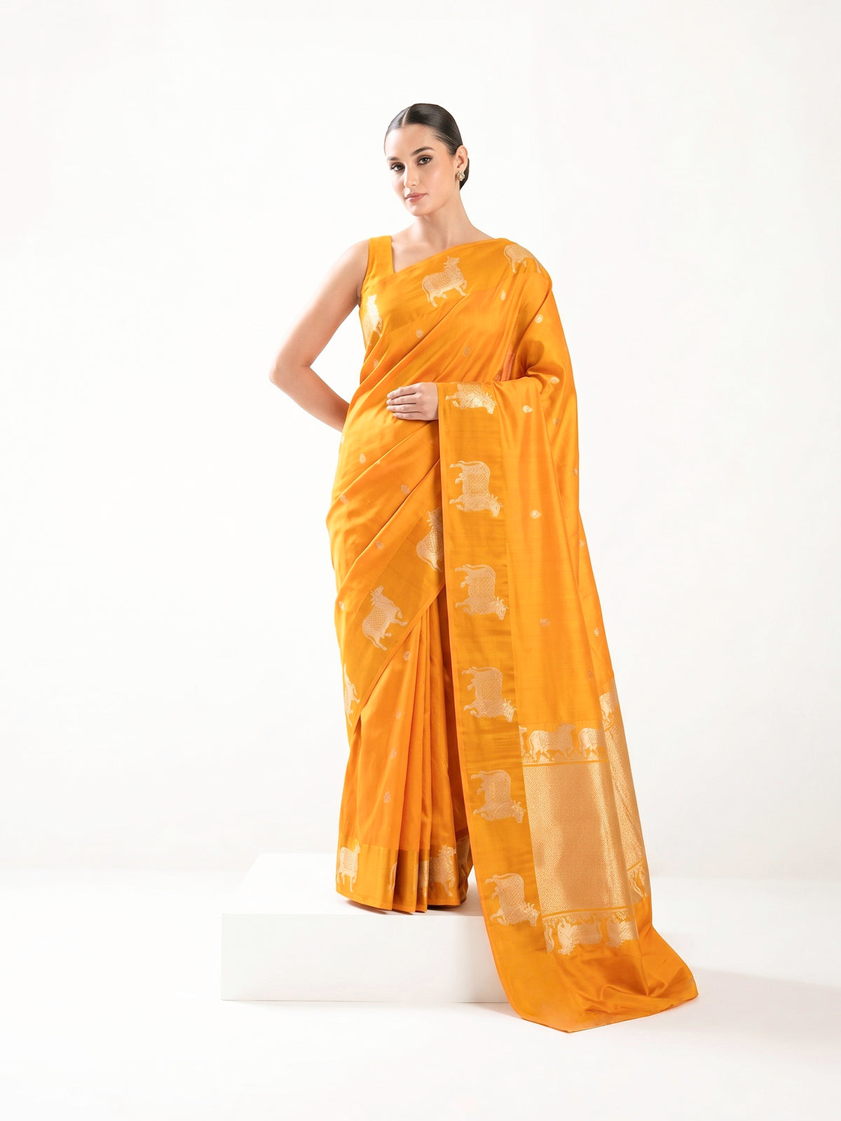 Mustard Floral Booti Pure Silk Handloom Banarasi Saree - Sacred Weaves