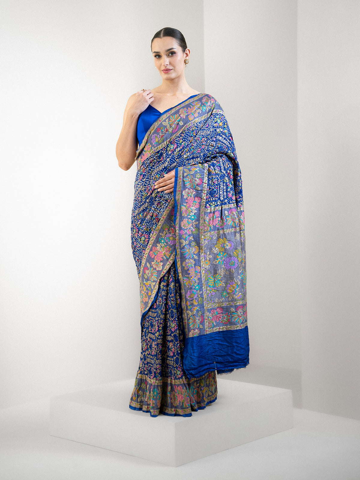 Midnight Blue Meenakari Bandhani Silk Handloom Banarasi Saree - Sacred Weaves