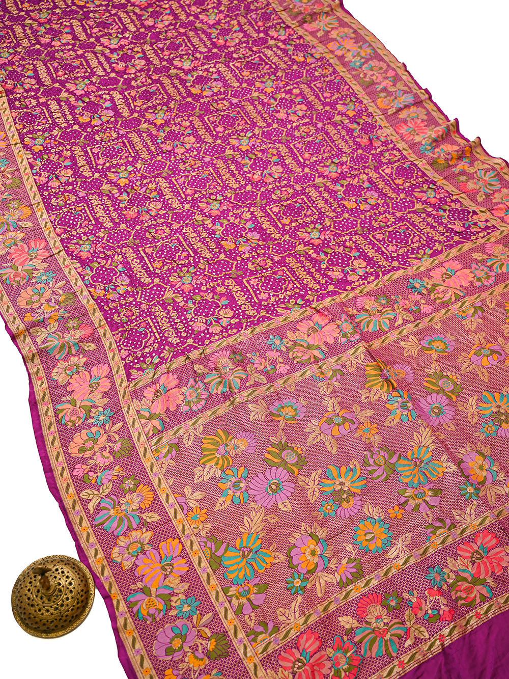 Magenta Meenakari Bandhani Silk Handloom Banarasi Saree - Sacred Weaves
