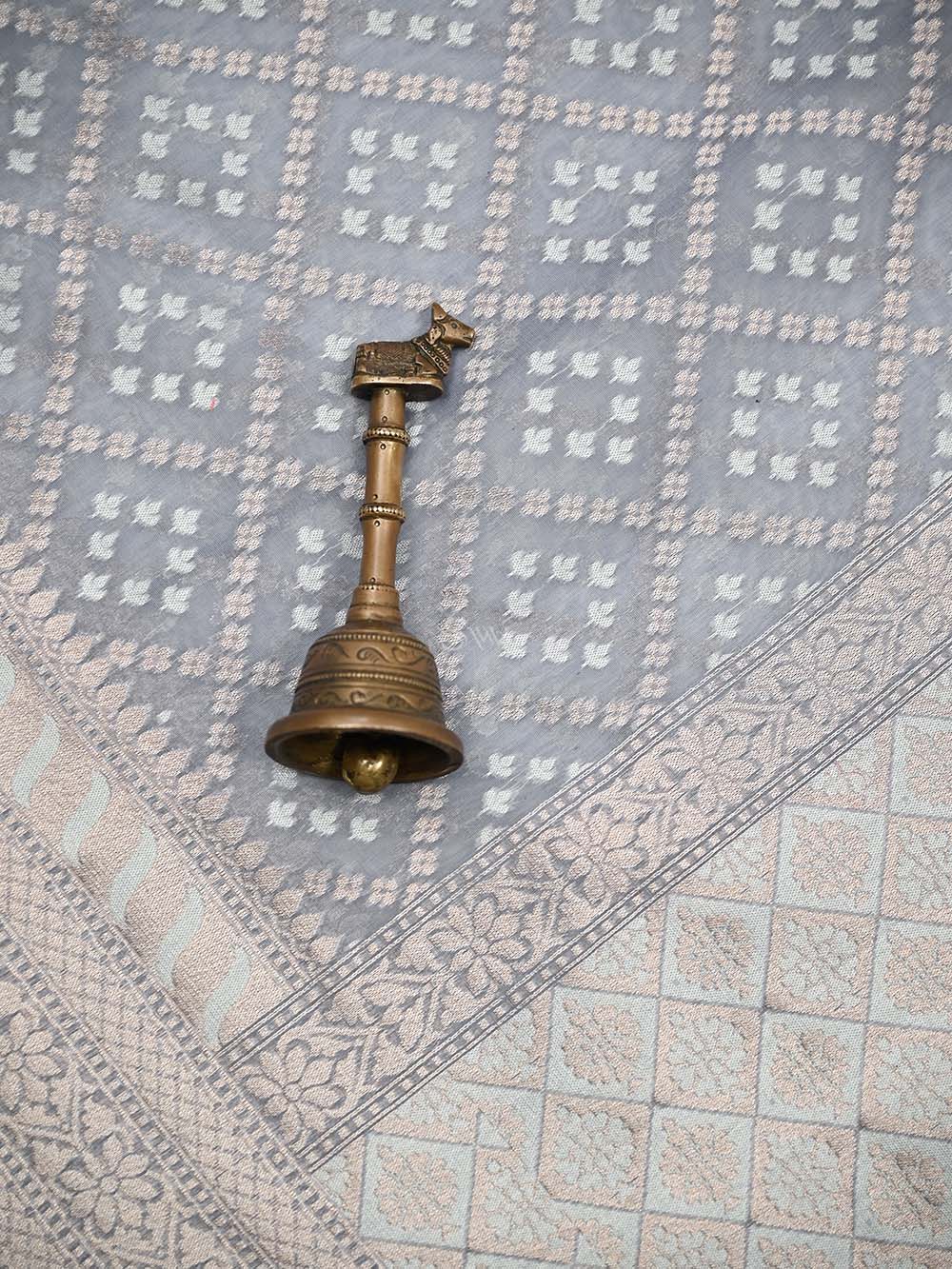 Bluish Grey Zari Cotton Saree - Sacred Weaves