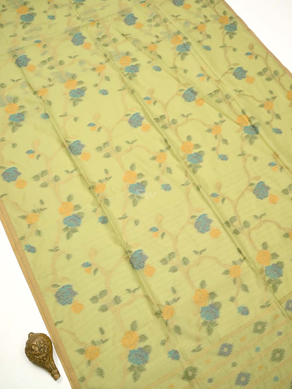 Pista Green Zari Cotton Meenakari Saree