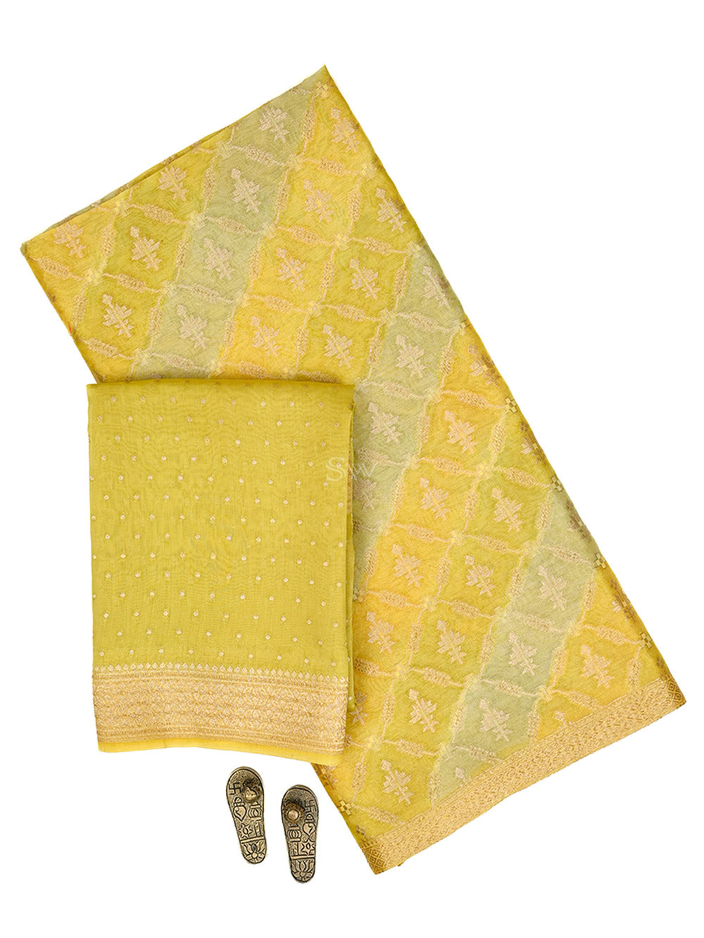 Yellow Booti Cotton Silk Handloom Banarasi Suit - Sacred Weaves