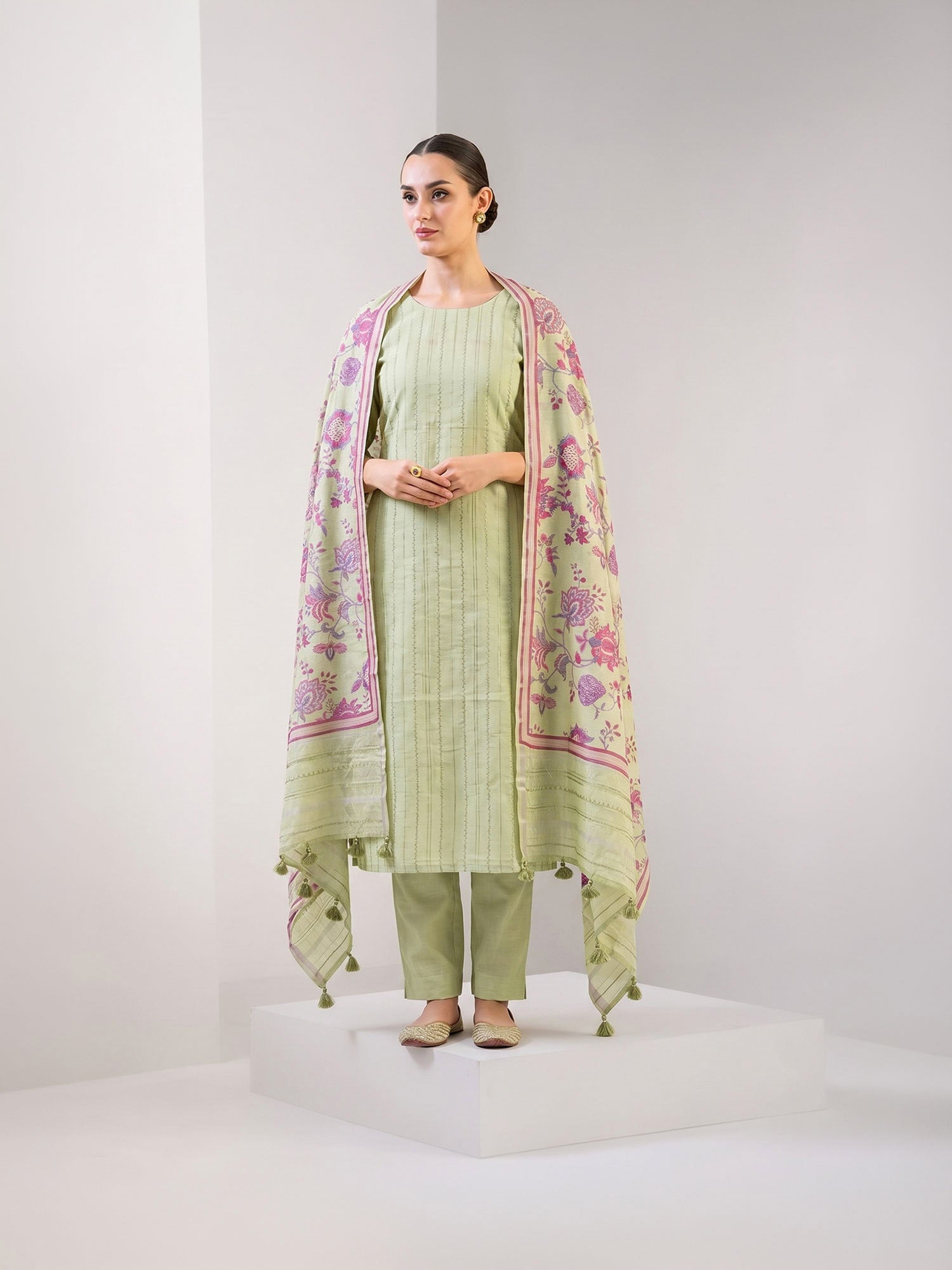 Pista Green Chanderi Silk Handloom Banarasi Suit - Sacred Weaves