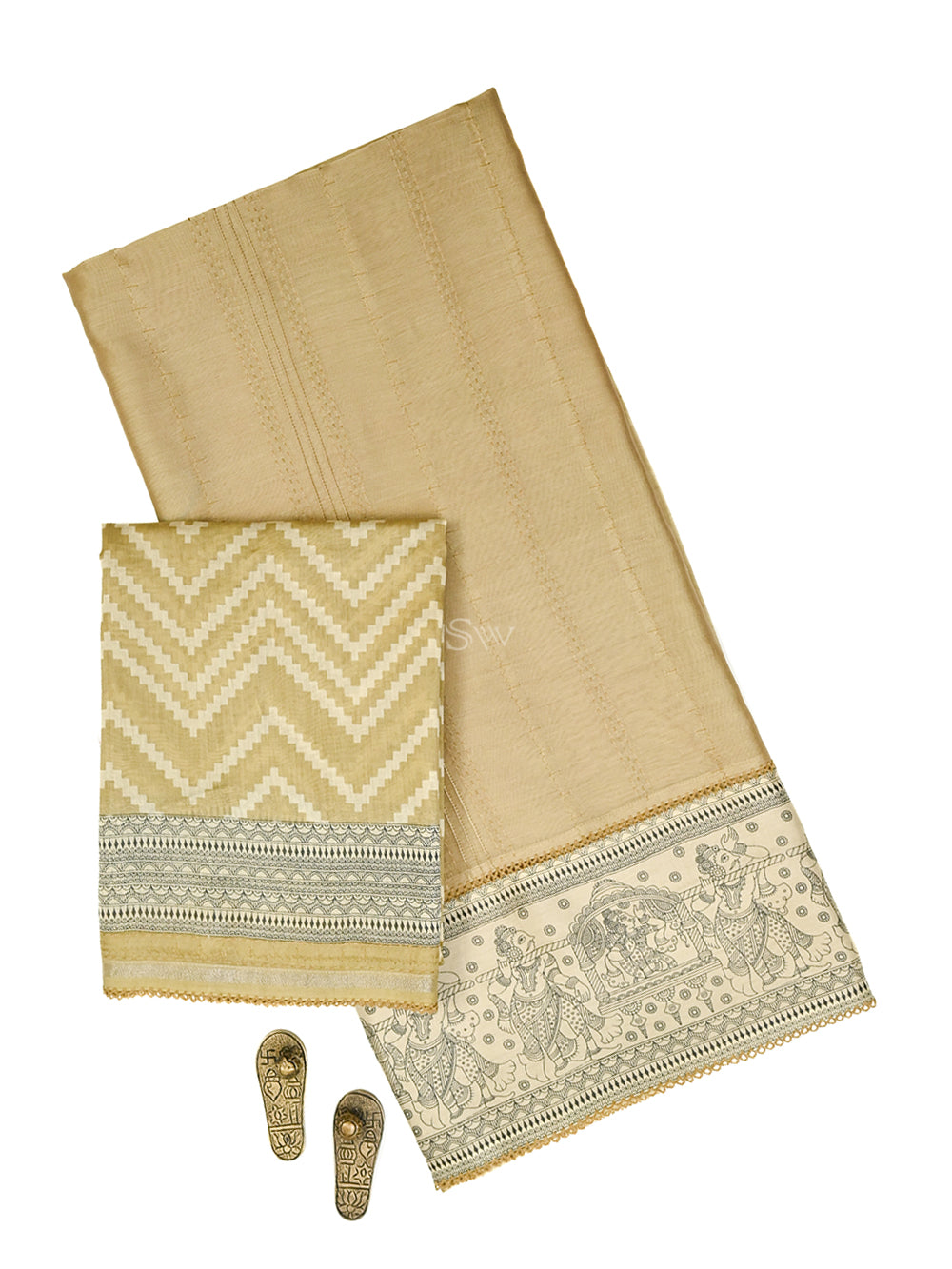 Beige Printed Chanderi Silk Handloom Banarasi Suit - Sacred Weaves
