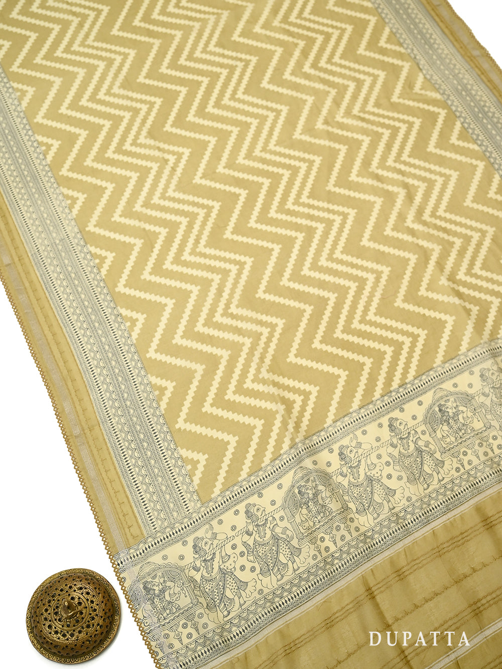 Beige Printed Chanderi Silk Handloom Banarasi Suit - Sacred Weaves